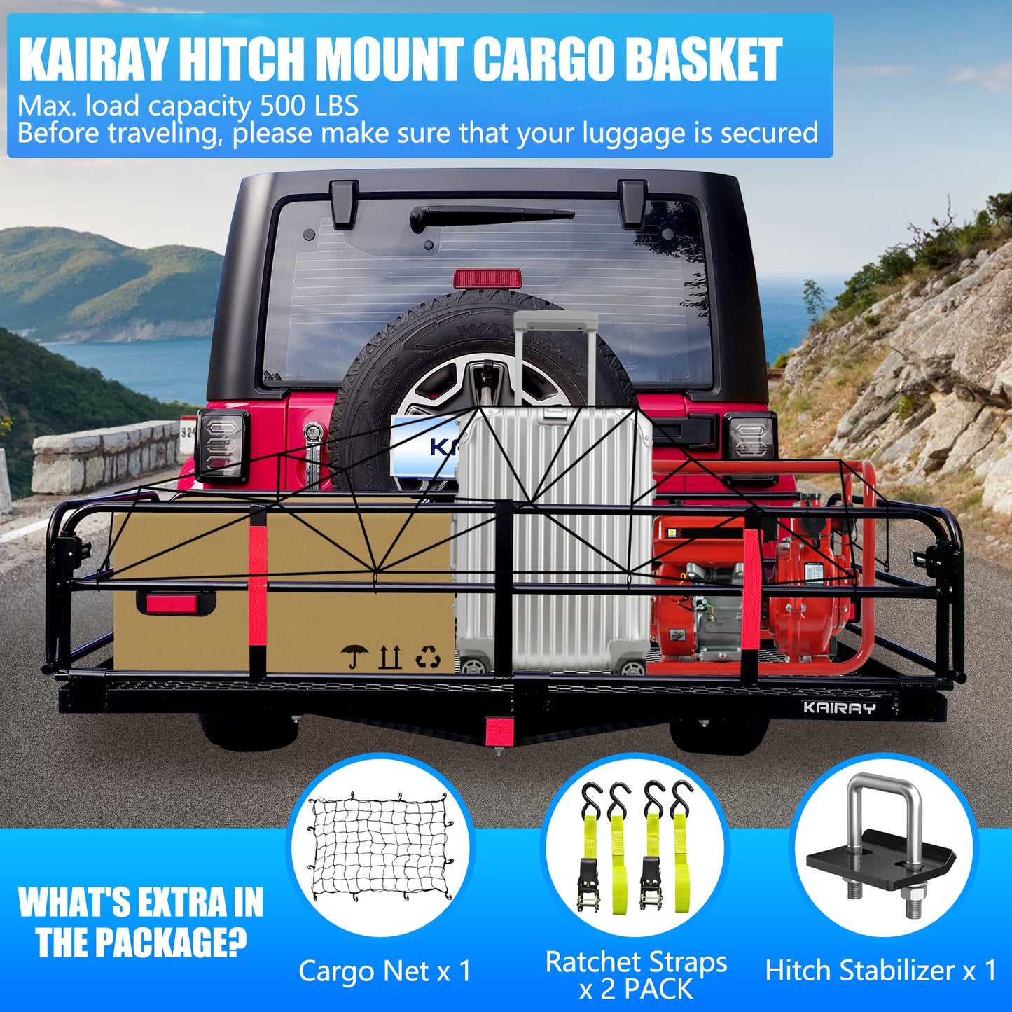 KAIRAY 500 Lbs Heavy Duty Hitch Mount Cargo Carrier 60"x24"x14.4" Folding Cargo Rack Rear Luggage Basket Fits 2" Receiver for Car SUV Camping Traveling with Hitch Stablizer Cargo Net Ratchet Straps