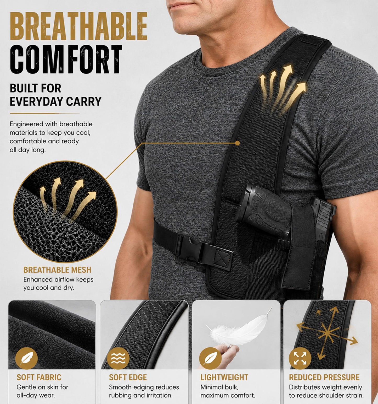 Universal Shoulder Holster for Men, Adjustable Mesh Gun Holster Right Hand