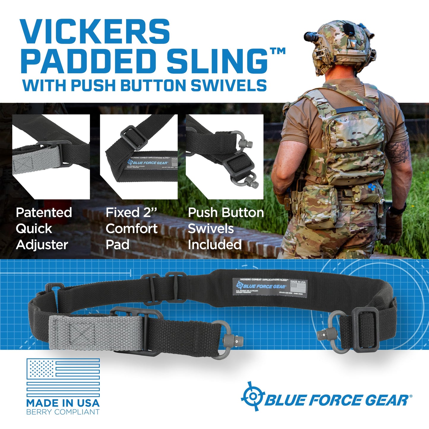 Blue Force Gear Vickers Padded Sling with Push Button Swivels - 2-Point Adjustable Sling, Black