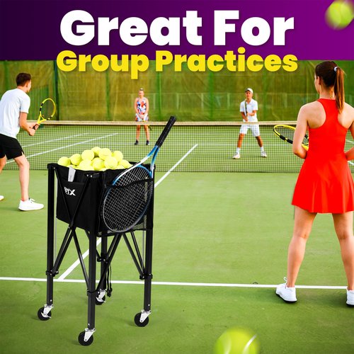 RPTX Tennis Ball Cart | Pickleball Ball Hopper | 150 Ball Capacity | Multiple Storage Pockets | Carrying Bag | Sturdy Pickleball Cart with Wheels | Ball Caddy for Practice & Training