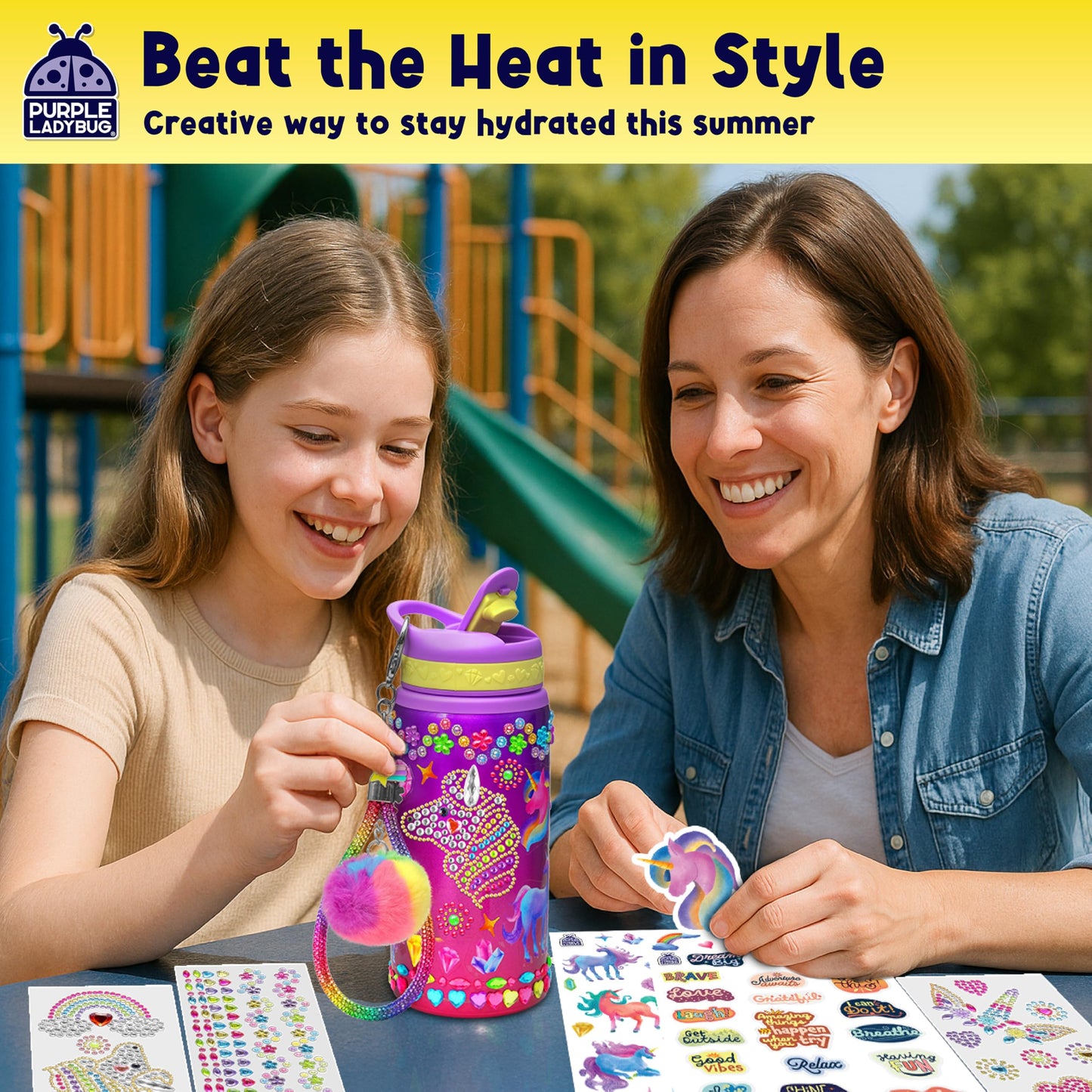 PURPLE LADYBUG Decorate Your Own Water Bottle Kit for Girls - Gift for Girls Ages 5 6 7 8 9 10 Year Old Girl Birthday Gift, Unicorn Toys Crafts Kids Ages 6-12 Summer Crafts for Kids