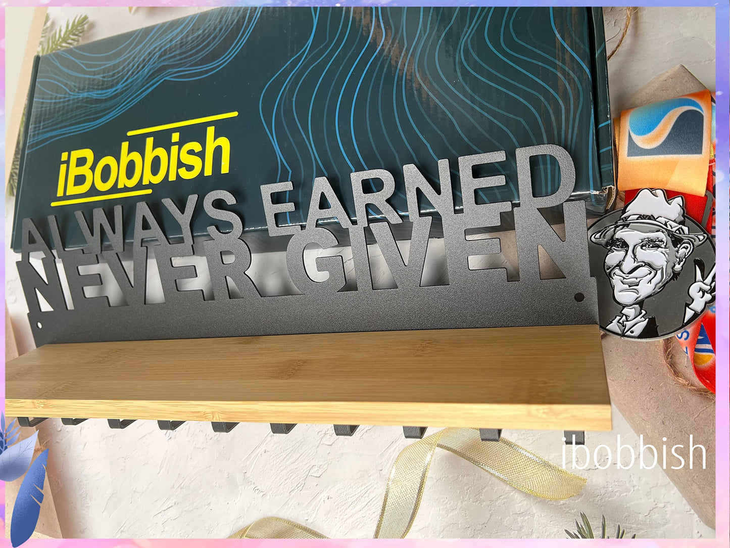 iBobbish Premium Medal Hanger Display Trophy Shelf,ALWAYS EARNED NEVER GIVEN Trophy display shelf Upgraded Medal Display Shelf for Wrest,gymanstics,Race,Soccer..