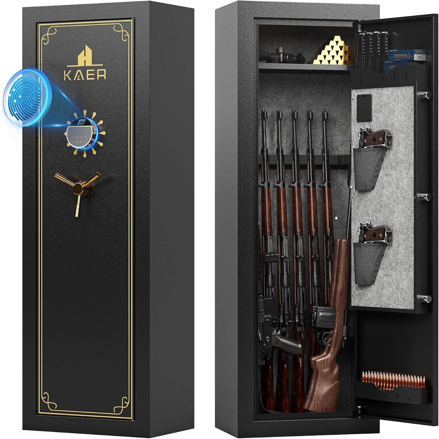 KAER 15 Biometric Gun Safe for Rifles and Pistols,Gun Cabinet with Fingerprint/Keypad/Key Access,Rifle Safe with Removable Shelf and Pistol Pocket.[No Assembly Required]
