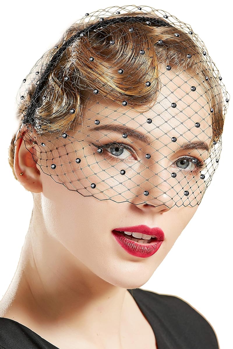 Babeyond 1920s Flapper Fascinator Mesh Veil Headband With Rhinestones - Black With Crystal