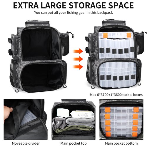 Rabjen Fishing Tackle Backpack with Rod Holders, Bottle Holder, Storage Bag Store Fishing Gear