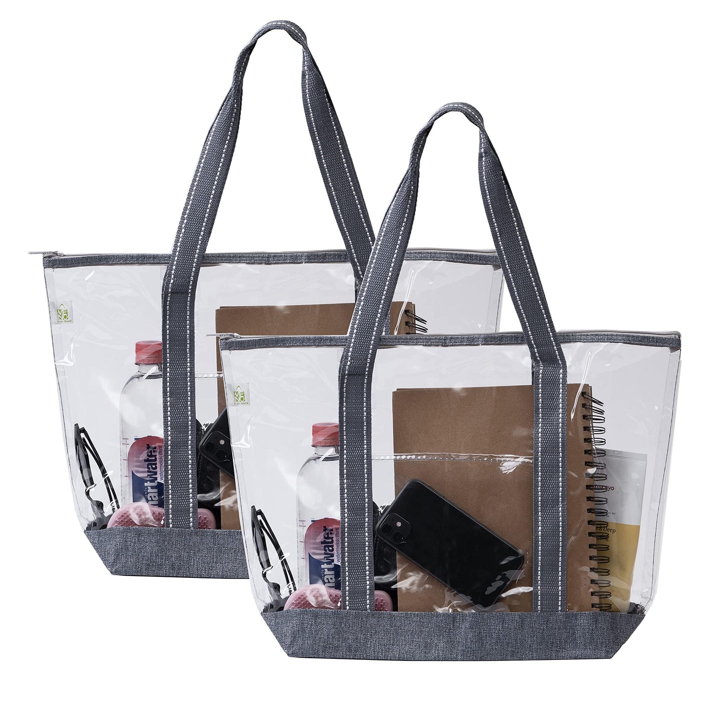 VENO 2 Pack Clear Beach Bag, Large Transparent Large Tote Bags Swim Pool Gym Summer Vacation Essentials for Women Men - Gray