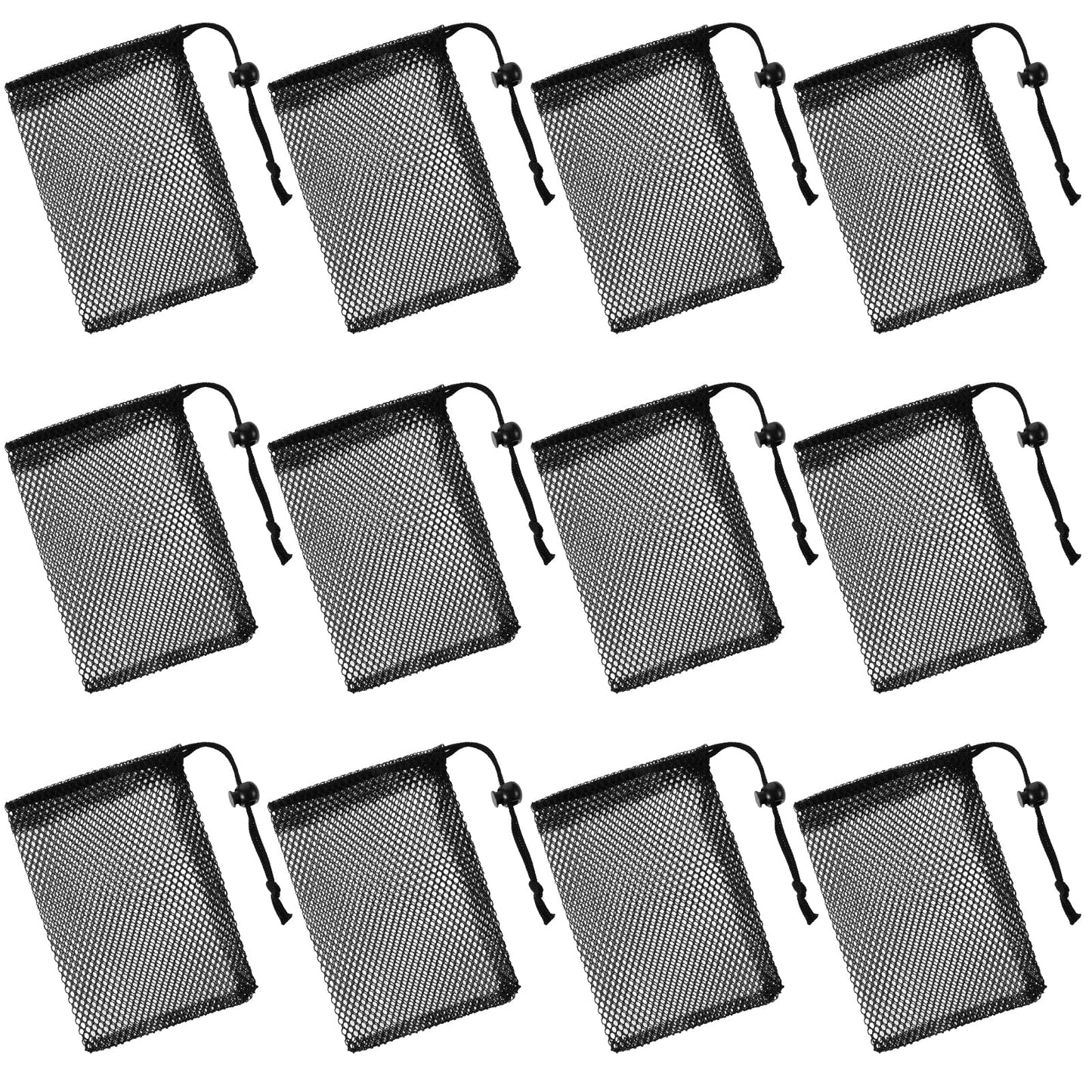12 Pcs Small Mesh Bags Black Nylon Drawstring Bags with Cord Lock Closure Delicates Portable Travel Stuff Storage Bag for Gym Pool Toys Travel Cosmetics Washing Machine Bag