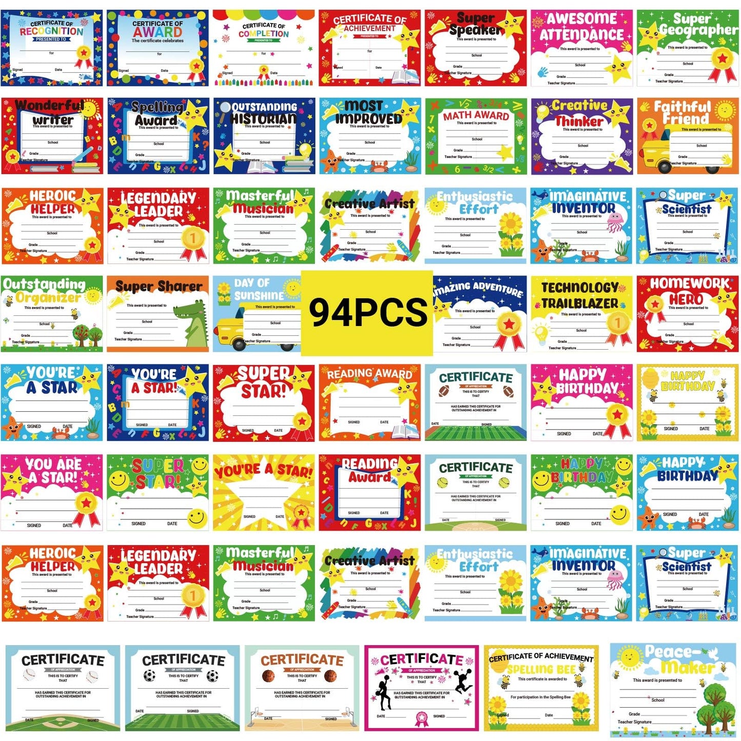 94 Pcs Student of Award Certificates End of School Year Superlatives Certificates Recognition Certificates of Achievement Graduation Birthday Certificates for Teacher Supplies (Football)
