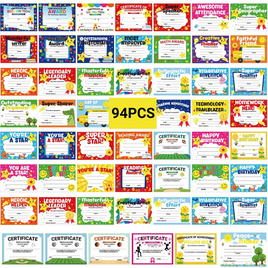 94 Pcs Student of Award Certificates End of School Year Superlatives Certificates Recognition Certificates of Achievement Graduation Birthday Certificates for Teacher Supplies (Football)