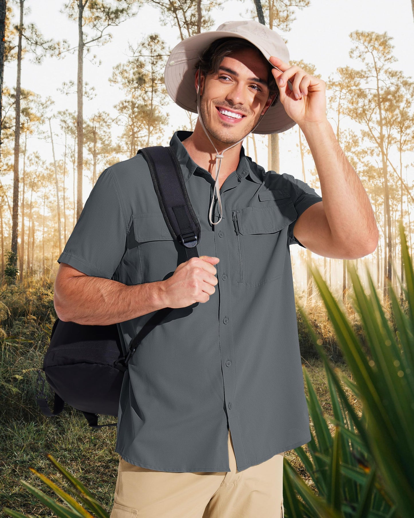 MAGCOMSEN Sun Shirts for Men Short Sleeve SPF Performance Fishing Shirts Dry Fit Light Weight Button Up Work Shirts Dark Grey L