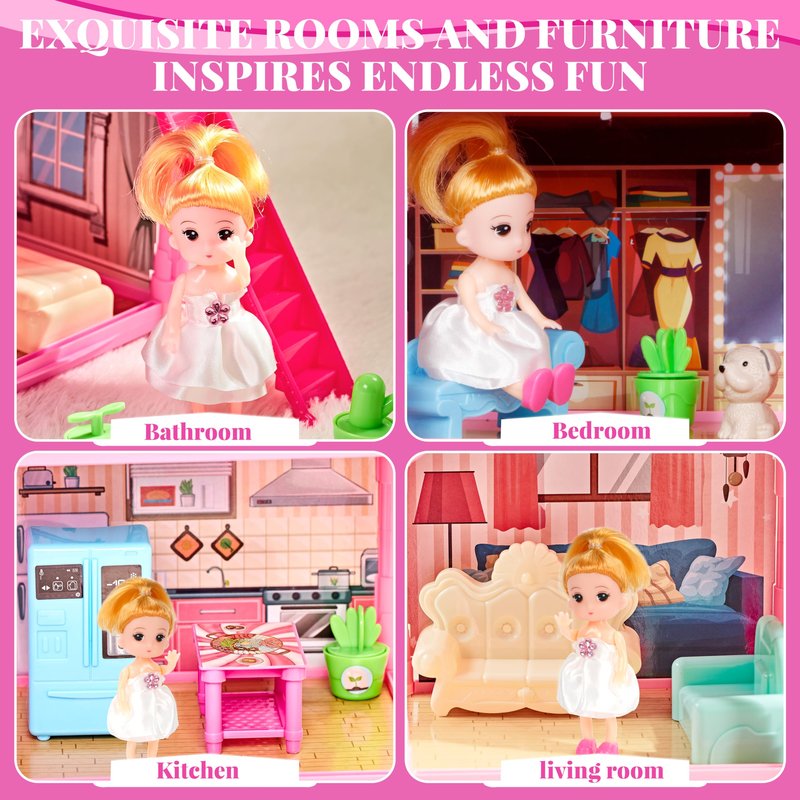 OCTERIC Doll House for Girls,13 Rooms Dollhouse with 2Dolls Figure, Lights, Puppies,Furnitures, Accessories, Toddler Playhouse Gift for for 3 4 5 6 7 8 9 10 Year Old Girls Toys (Pink)