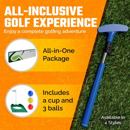 Go For It Golf Kids Putter - Extendable Shaft for Junior Golfers - Adjustable Size for Right and Left Hand - Perfect Training Club for Kids - Includes 3 Balls, Cup with Flag - Blue, 17"-35"
