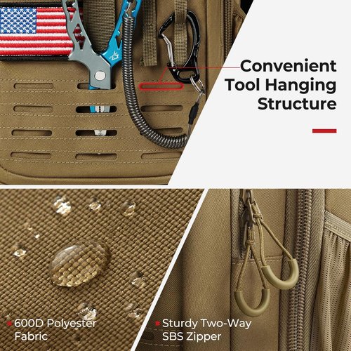 Piscifun Fishing Tackle Backpack with Rod & Gear Holder, Lightweight Outdoor Water-Resistant Fishing Shoulder Storage Bag with Protective Rain Cover, Khaki