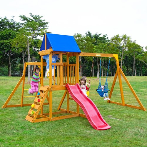 Suniboxi Swing-Sets with Monkey Bars for Backyard, Wooden Playground Set for Kids Ages 3-8, Outdoor Playset with Wave Slide, Play Deck, Rock Wall Ladder, Belt Swings & Canopy for Toddlers to Big Kids