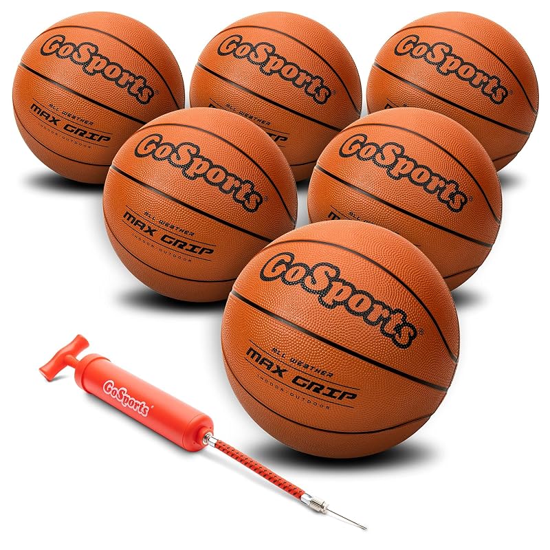 GoSports Six Pack Size 6 Rubber Basketballs with Pump & Carry Bag - Indoor/Outdoor