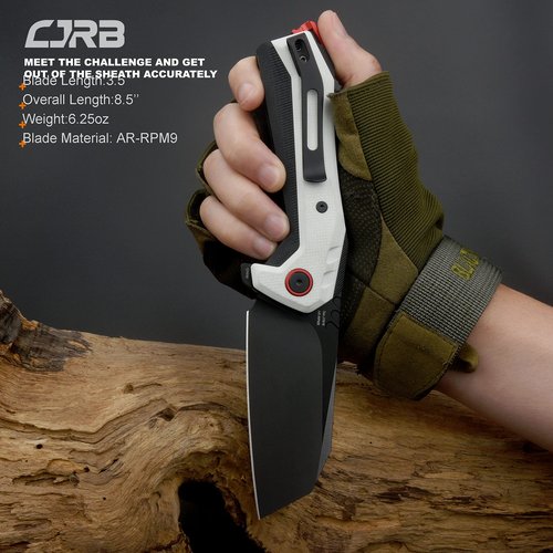 CJRB Tigris Pocket Knife, Folding Knife with AR-RPM9 Powder Steel Black PVD Blade Black & White G10 Handle for EDC Camping Hunting (J1919)