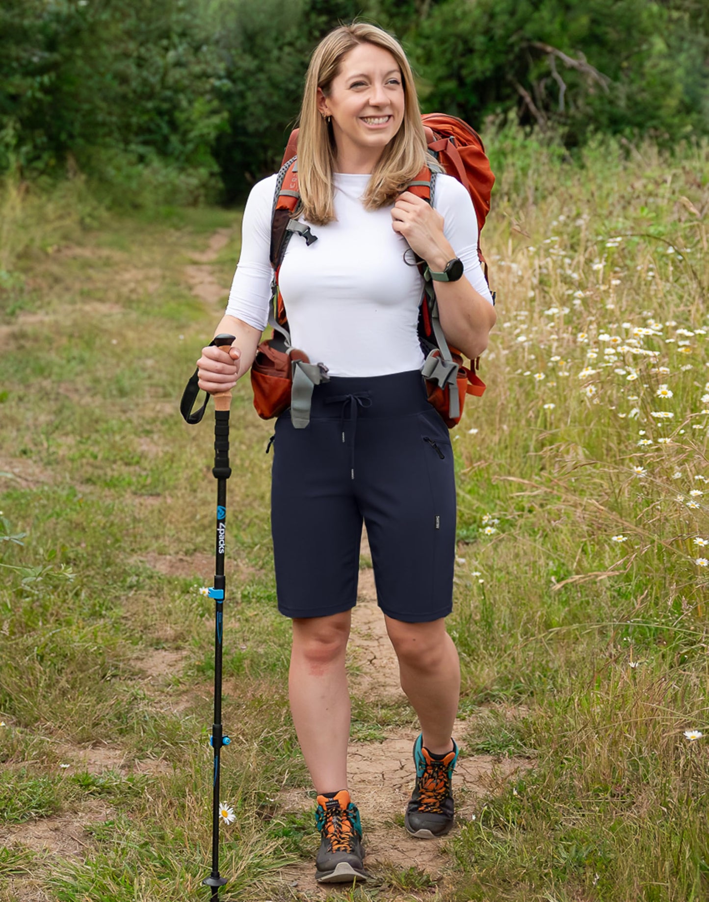 SANTINY Women's 9" Hiking Shorts with 3 Zipper Pockets Lightweight Quick Dry Long Shorts for Women Athletic Travel (Navy_XL)