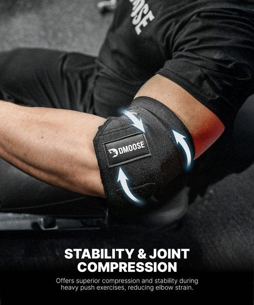 DMoose Fitness Elbow Wraps for Weightlifting (Pair) - 40'' Adjustable Elbow Strap for Gym Workout, Bench Press & Powerlifting - Compression Wraps for Tendonitis & Joint Support (Black Red)