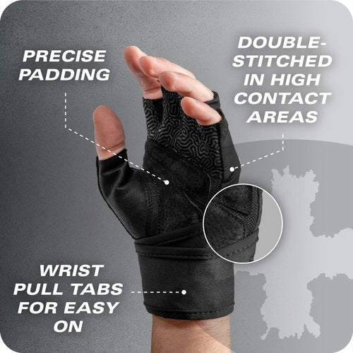 Harbinger Pro Wristwrap Gloves 3.0 - Enhanced Grip, Superior Wrist Support, Breathable 4-Way Stretch Lycra, Durable Leather Palm, Half-Finger Design for Weightlifting, Gym, Black, Large - Men's