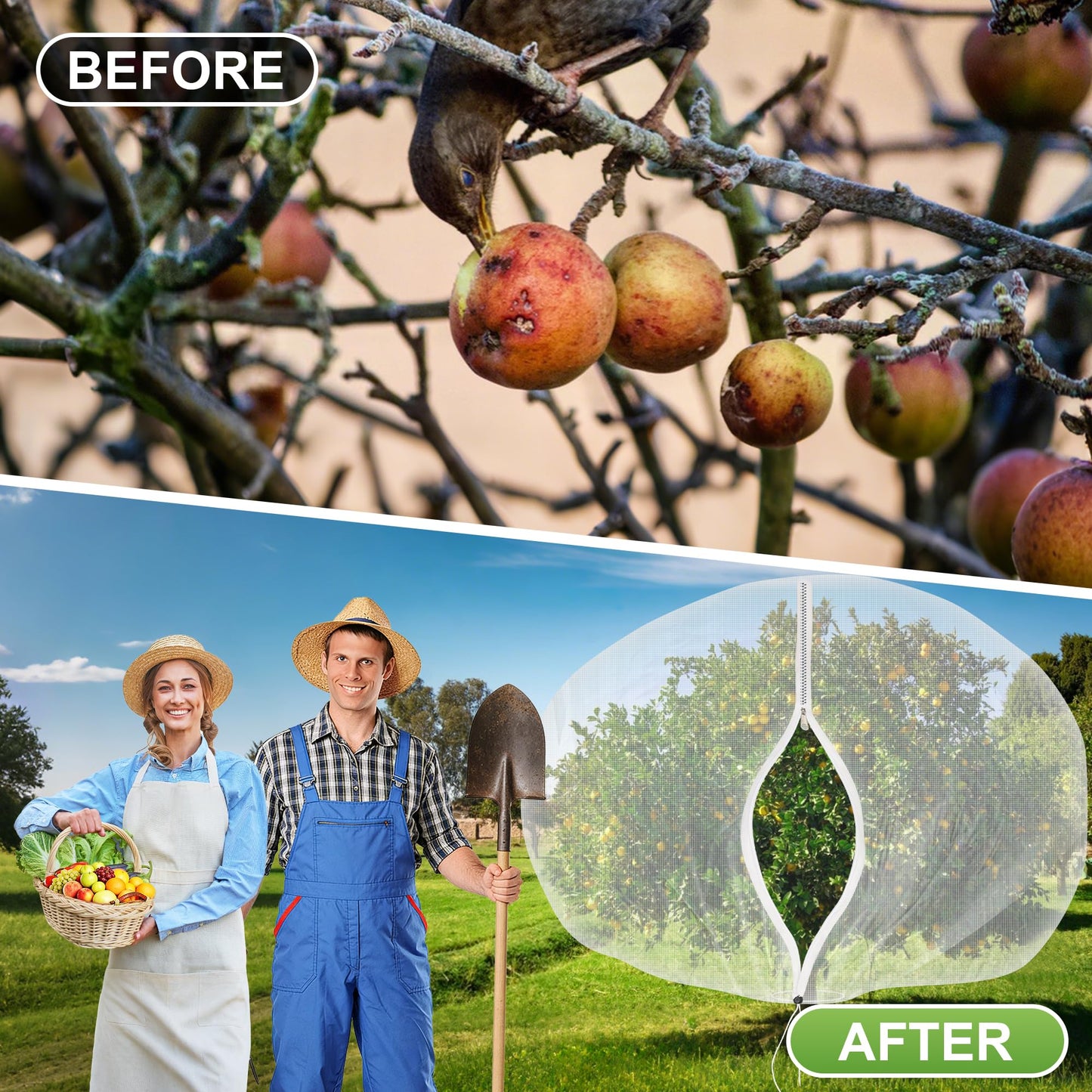 2 Pack 12x12 FT Fruit Tree Netting with Zipper and Drawstring - Heavy-Duty Fine Mesh Garden Bird Netting for Fruit Trees, Protect Fruits from Birds, Squirrels,Insects,Deer & Pests