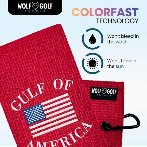 Wolf Golf Towels | Gulf of America Golf Towel | Funny Golf Gifts | Golf Bag Accessories | Embroidered Red Microfiber Golf Towel