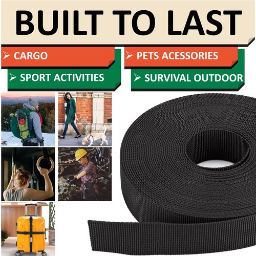 DEYACE 2 Inch Nylon Webbing Strap with Plastic Tri-Glide Slide Clips, 10 25 50 Yards Heavy Duty Nylon Strapping for Indoor or Outdoor Gear, DIY Crafting, Repairing (Black, 2" x 10 Yards)