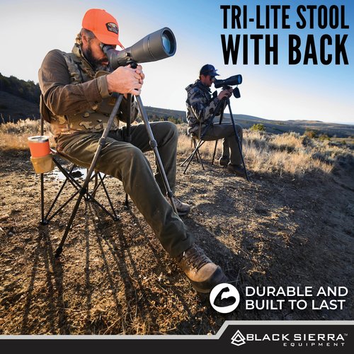 Black Sierra XL Tripod Hunting Stool w/Backrest, Lightweight Portable Fishing Chair w/Cupholder and Carry Strap, Supports 225 Lbs, Portable Outdoor Chair for Hunting, Camping, Travel, Hiking