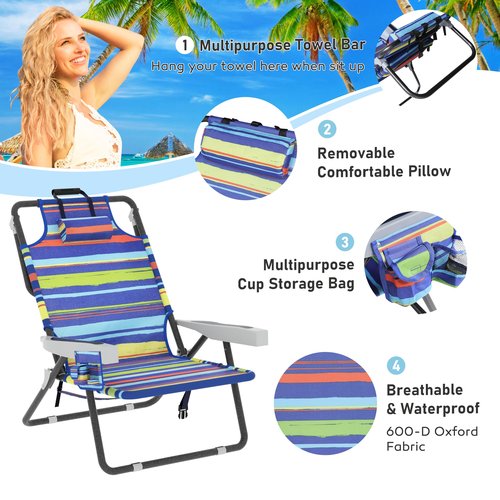 Yardenaler Outdoor Beach Foldable Chaise Lounge Chair with Detachable Pillow & Pocket, Portable Tanning Chair with 5 Position Adjustable Back, Beach, Pool and Camping, Multi Color