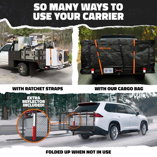 Mockins XXL 70"x30"x6" Folding Trailer Hitch Cargo Carrier w/License Plate Bracket | 500 Lbs Cap Steel Luggage Rack for SUV Car & Truck w/ 40 CuFt Waterproof Cargo Bag for Hitch Carrier & Accessories