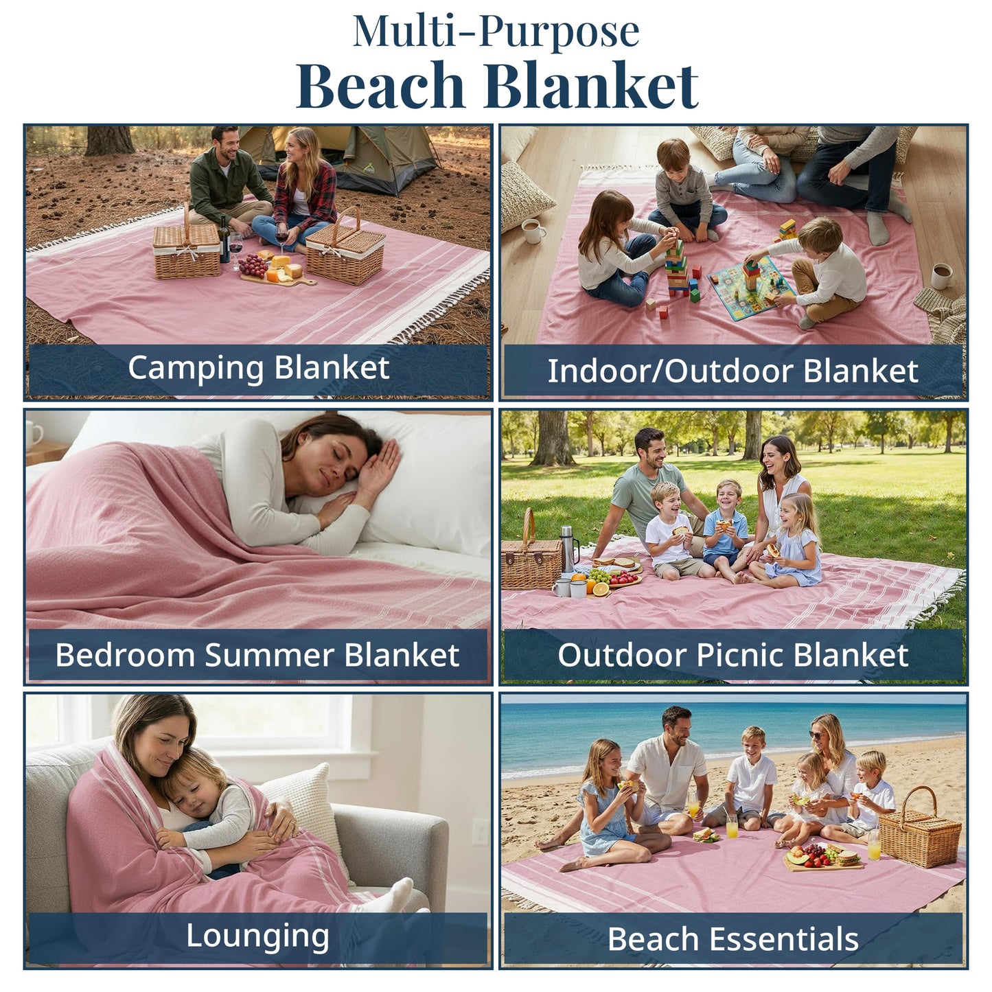 LANE LINEN Beach Vacation Essentials Blanket- Large Beach Blanket Sandproof with Quick Dry Comfort 82"x82", Perfect for Family Vacations, Park Outings, or Social Games – Candy Pink