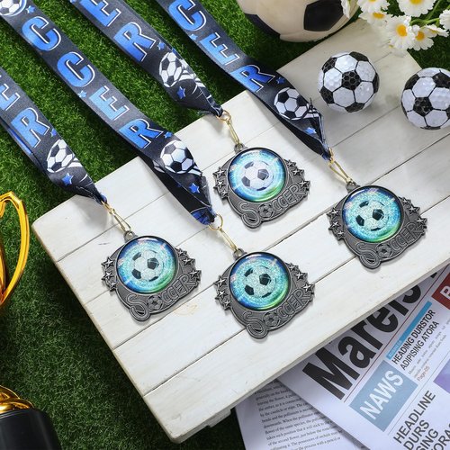 Seenelling 12 Pcs Soccer Medals Trophy Silver Metal Sport Ball Award Medals with Ribbon for Participation Sports Themed Party Favors