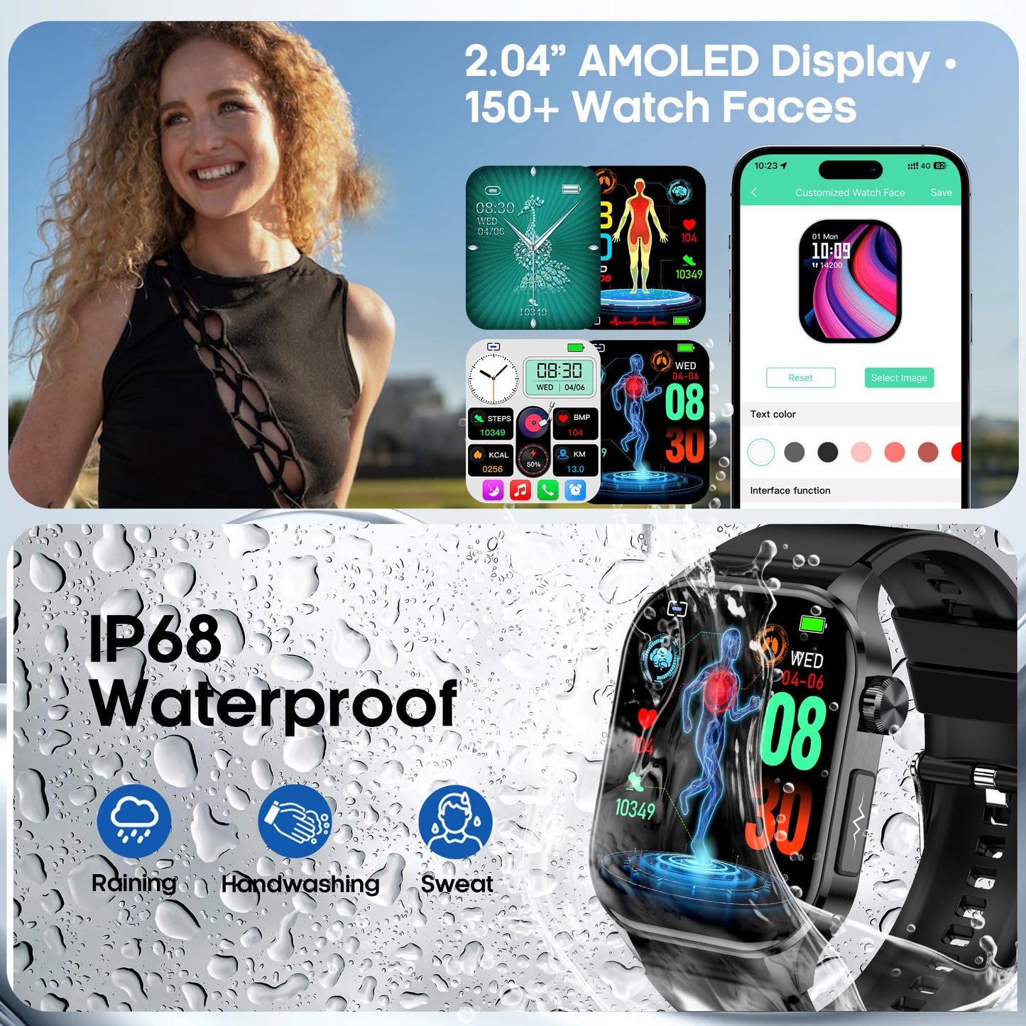 Smart Watch for Men Women with Bluetooth Calls, Blood Pressure Heart Rate Blood Oxygen Stress HRV Monitor Sleep Tracker, 150+ Sports Modes Fitness Tracker, IP68 Waterproof, Pedometer For Android/iOS