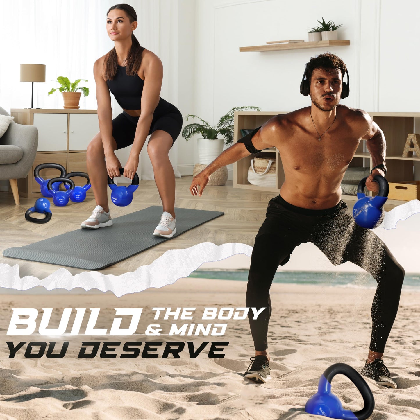 Yes4All Kettlebell, 5 lb Vinyl Coated Cast Iron Kettlebell Set of 2 for Home Gym Exercises, Heavy Weights Gym, Fitness, Full Body Workout Equipment, Push up, Grip, Strength Training - Blue