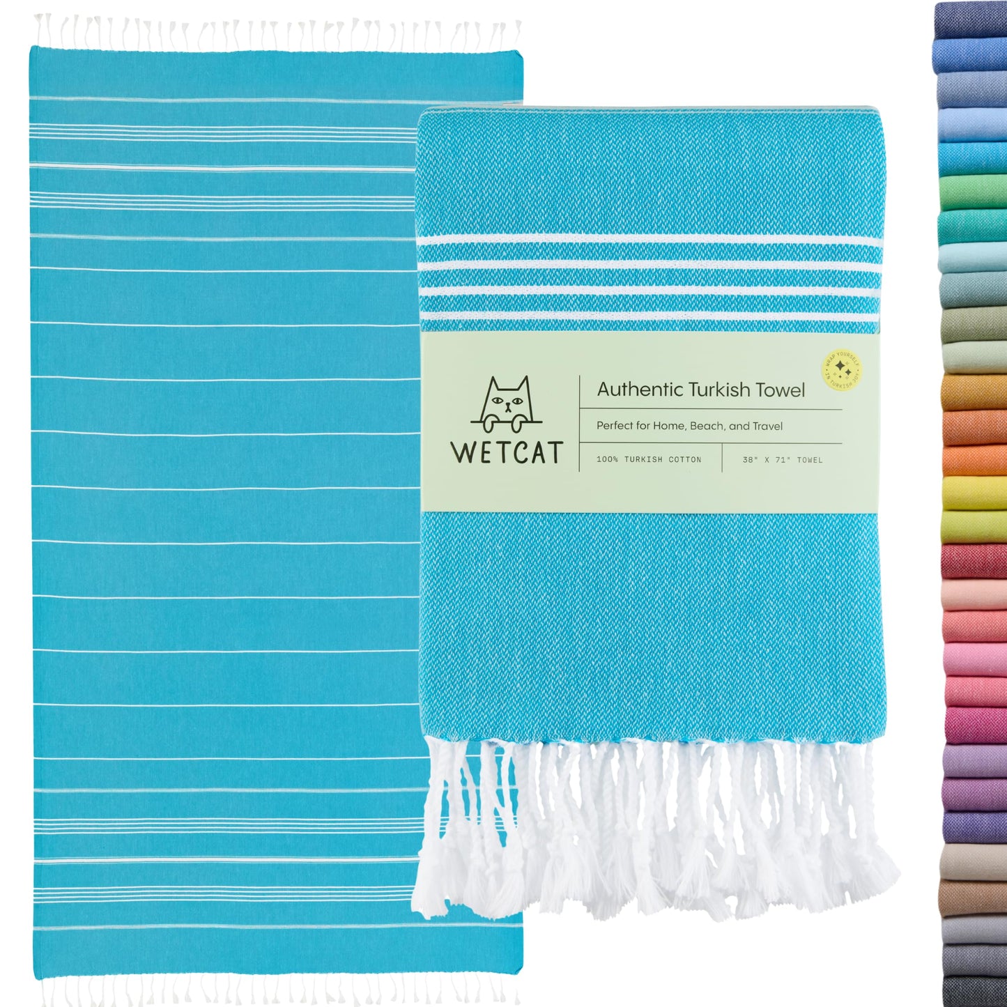 WETCAT Turkish Beach Towel Oversized (38"x71") 100% Turkish Cotton, Made in Turkey - Sand Free, Extra Large, Ultra Soft, Quick Drying, Compact & Lightweight for Travel - Turquoise