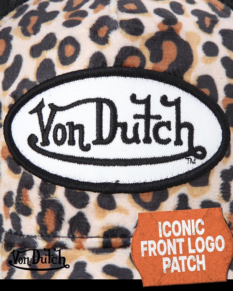 Von Dutch Velvet Trucker Hat - Curved Bill, Mesh Back, Snapback, Natural Leopard