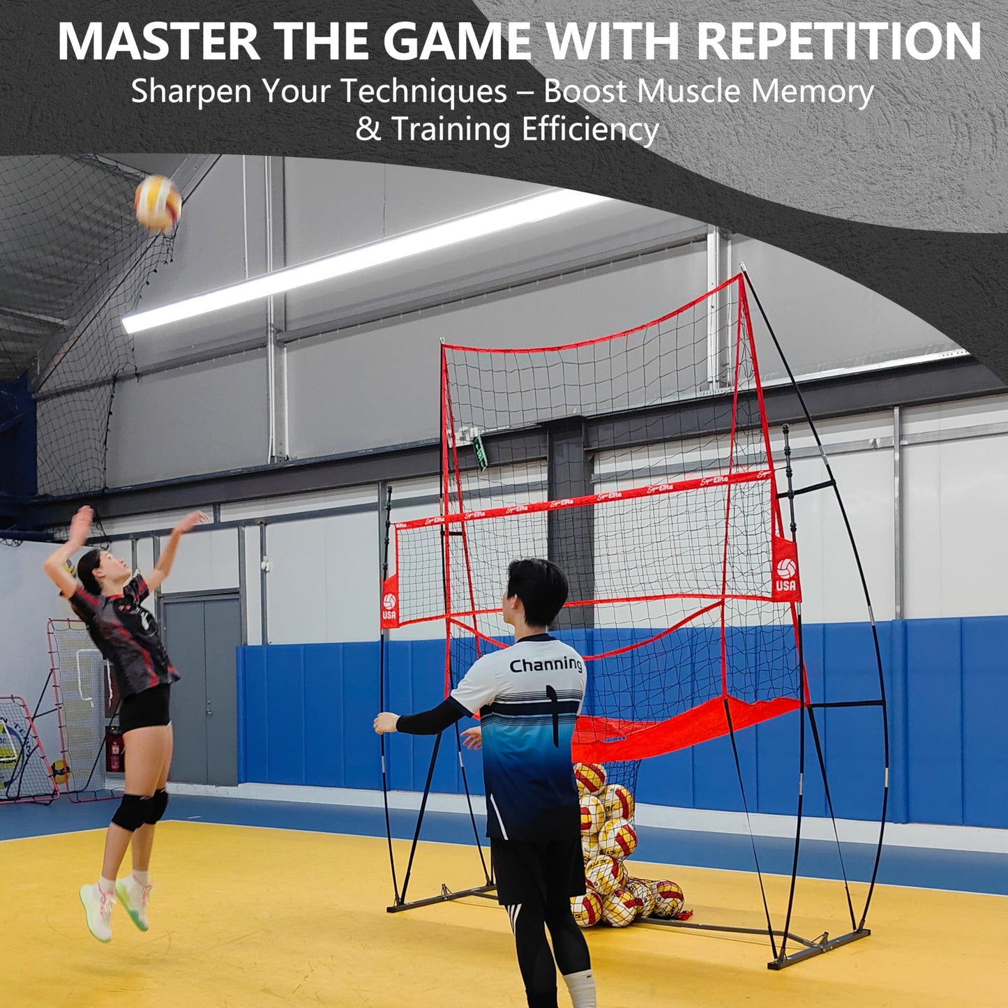 JOLORLY 2-in-1 Volleyball Practice Net Station with Patented 5-Height (6'6'' to 8'), Heavy Duty Training System for Hitting Spiking Serving, Backyard Indoor Outdoor Trainer Equipment (8x11 ft Red)