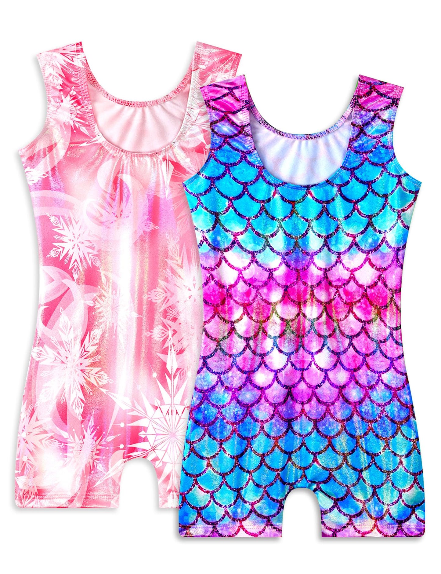 Snowheart Gymnastics Leotards for Girls - 2 Pack of Sparkly One-Piece Pro Kids Unitard Biketards with Shorts for Ages 2-9