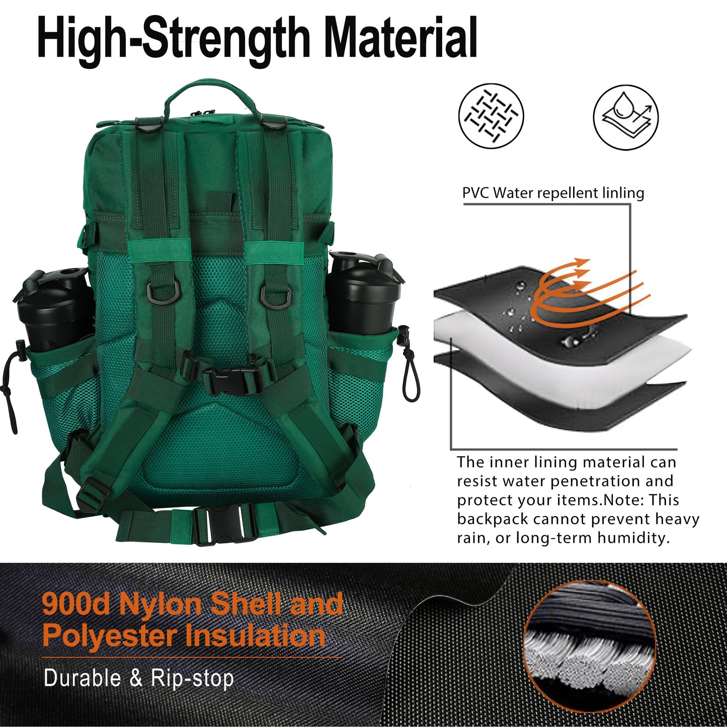 LHI Tactical Military Backpack for Men and Women 45L Large Molle Army Assault Pack 3 Day Travel Backpacks - Dark Green