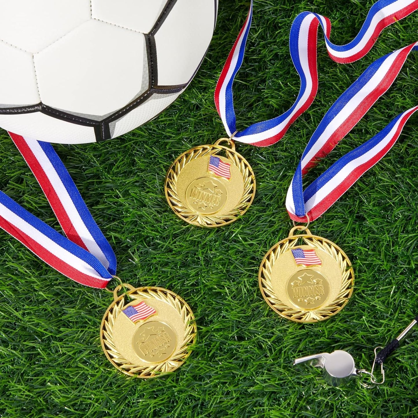 Juvale Medals for Awards - 12-Pack Gold 2.75-inch Medals with 15.5-inch Red/White/Blue Neck Straps - 1st Place Award & Participation Ribbons - Competition Ribbons for Kids