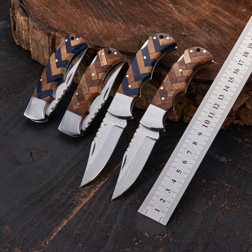 Personalized Handmade Damascus Pocket Knife - Hunting, Survival, Folding Knives for Men with Wood Handle for Outdoor Fishing Accessories, Anniversary, Boyfriend, Gifts for Men