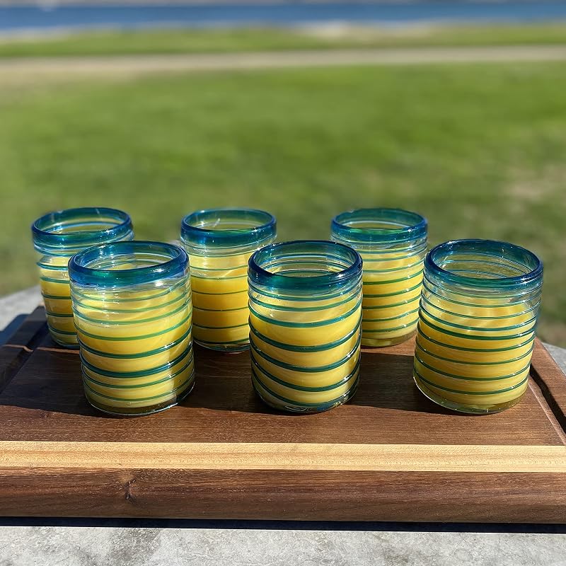 Aqua Spiral 10 oz Mexican Hand-Blown Tumbler Glasses Set of 6