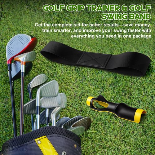 Golf Grip Trainer & Connection Band, Club Grip Trainer Aid Attachment and Swing Correcting Arm Band Kit for Right Handed Men Women Golfer Beginner Fix and Elbow Position(Yellow)