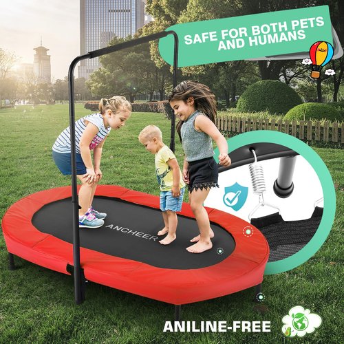 ANCHEER 56" Double Kids Trampoline with Adjustable Handlebar, 220lbs Capacity - Indoor/Outdoor Foldable Jumper for 2+ Users (ASTM Certified)