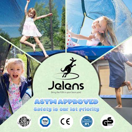 JELENS Trampoline 8FT 10FT, Outdoor Trampolines with Enclosure Net and Ladder, Recreational Anti-Rust Trampolines for Kids and Adults, ASTM Approved (Blue, 10FT)