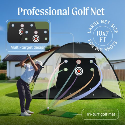 FORIXO Golf Practice Net | Large 10x7 ft Golf Driving Net w/Extra Target Cloth, Tee, 5 Balls, Mat, Sandbags; Durable 420D Oxford + Nylon Golfnet w/Up to 5 Pockets for Driving Chipping Training Swing