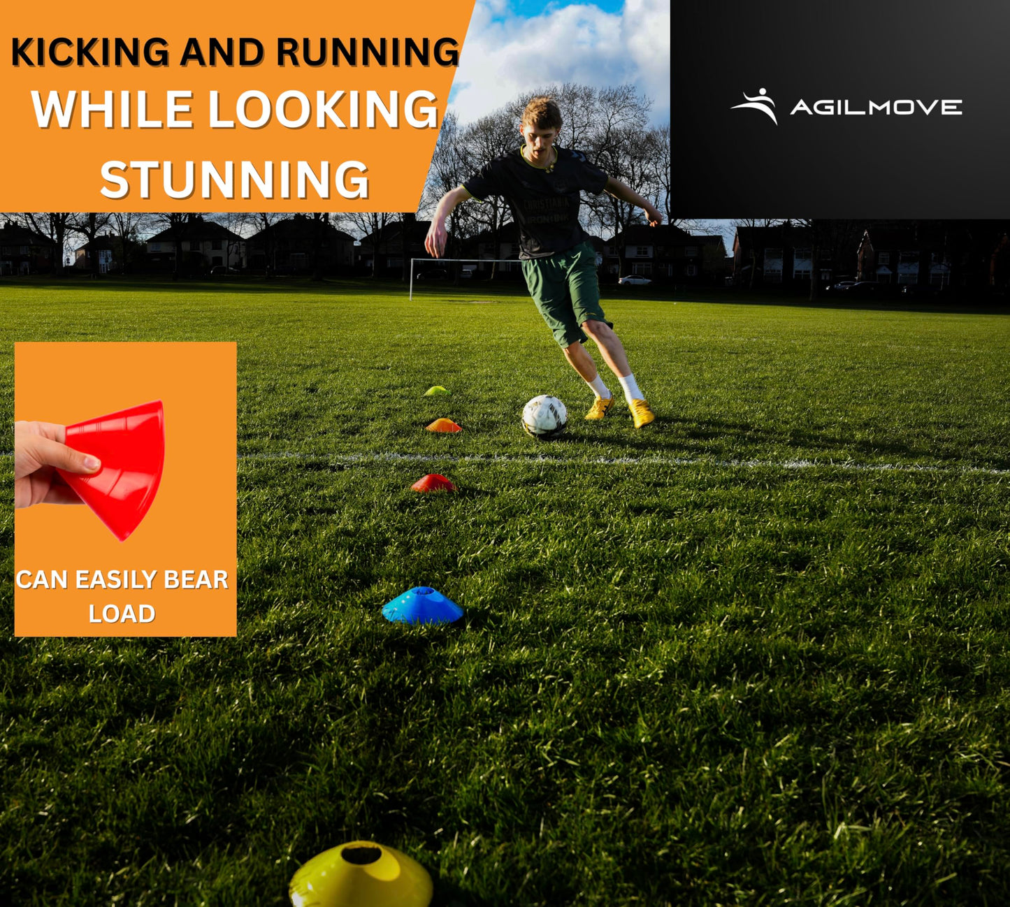 AgilMove Soccer Training Cones (Pack 25, Multi Colors) with Mesh Bag & Strap, Unbreakable Sports Cones for Soccer, Basketball, Football Baseball Training Equipment, Agility Cone for Drills Training