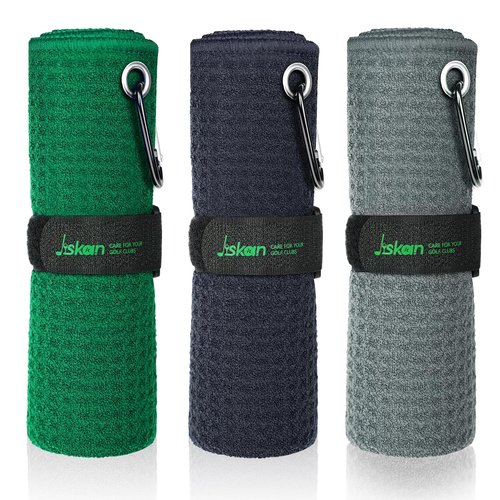 Jiskan Golf Towel Pack of 3 (16" X 16") Waffle Pattern Golf Towels for Golf Bags with Club Range Card, Hook Clip and Gift Box, Essentials Golf Accessories for Men Golf Gifts for Men/Women
