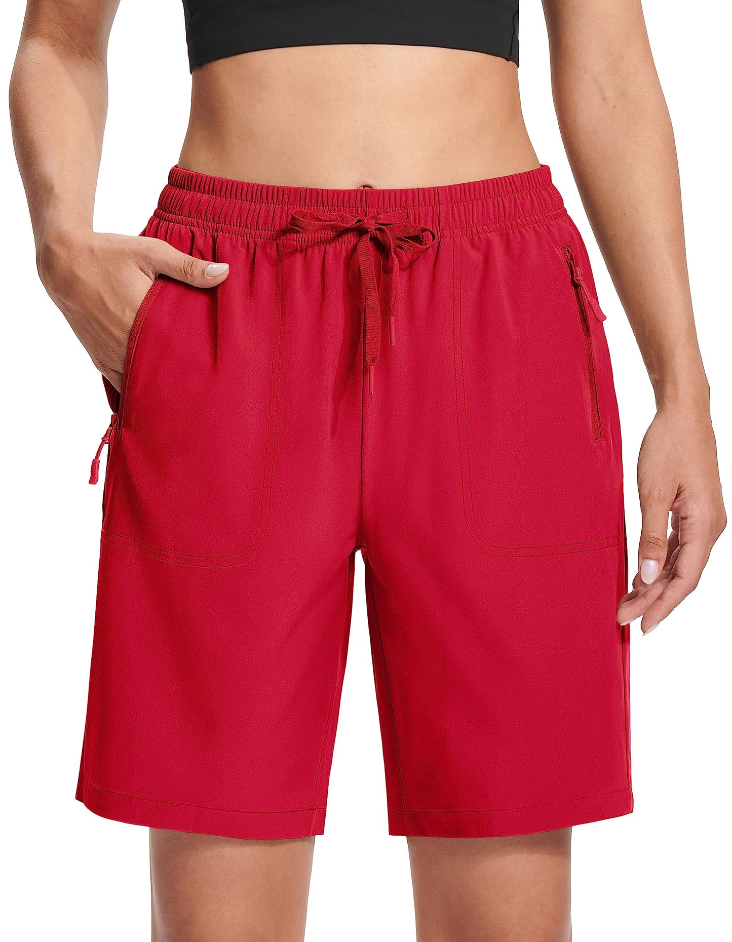 MAGCOMSEN Womens Shorts Elastic Waistband Hiking Shorts 8 Inch Lightweight Golf Shorts with Pockets Tomato Red M