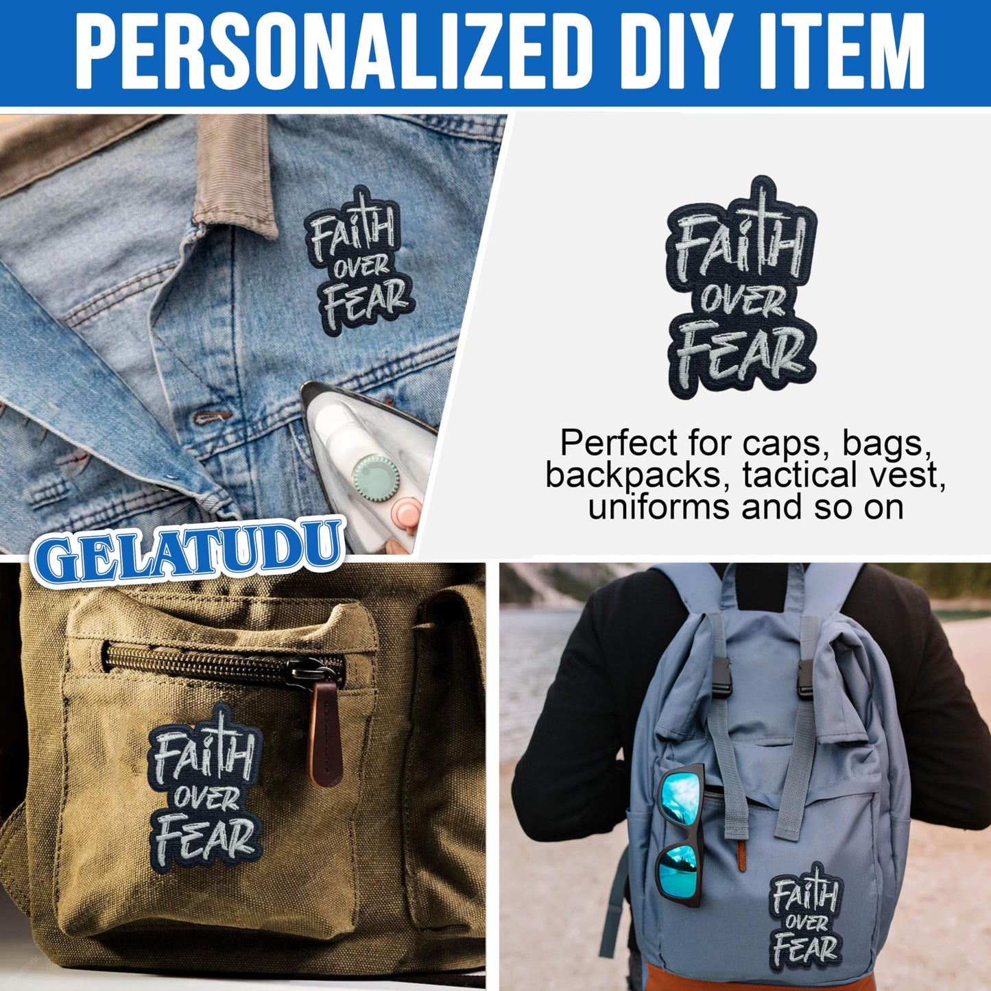 GELATUDU Faith Over Fear Patch-3 Inches Iron On/Sew On Embroidered Applique Patch, Embroidery Patches for Clothes Backpacks Hats, Embroidered Patch, Funny Christian DIY Accessories