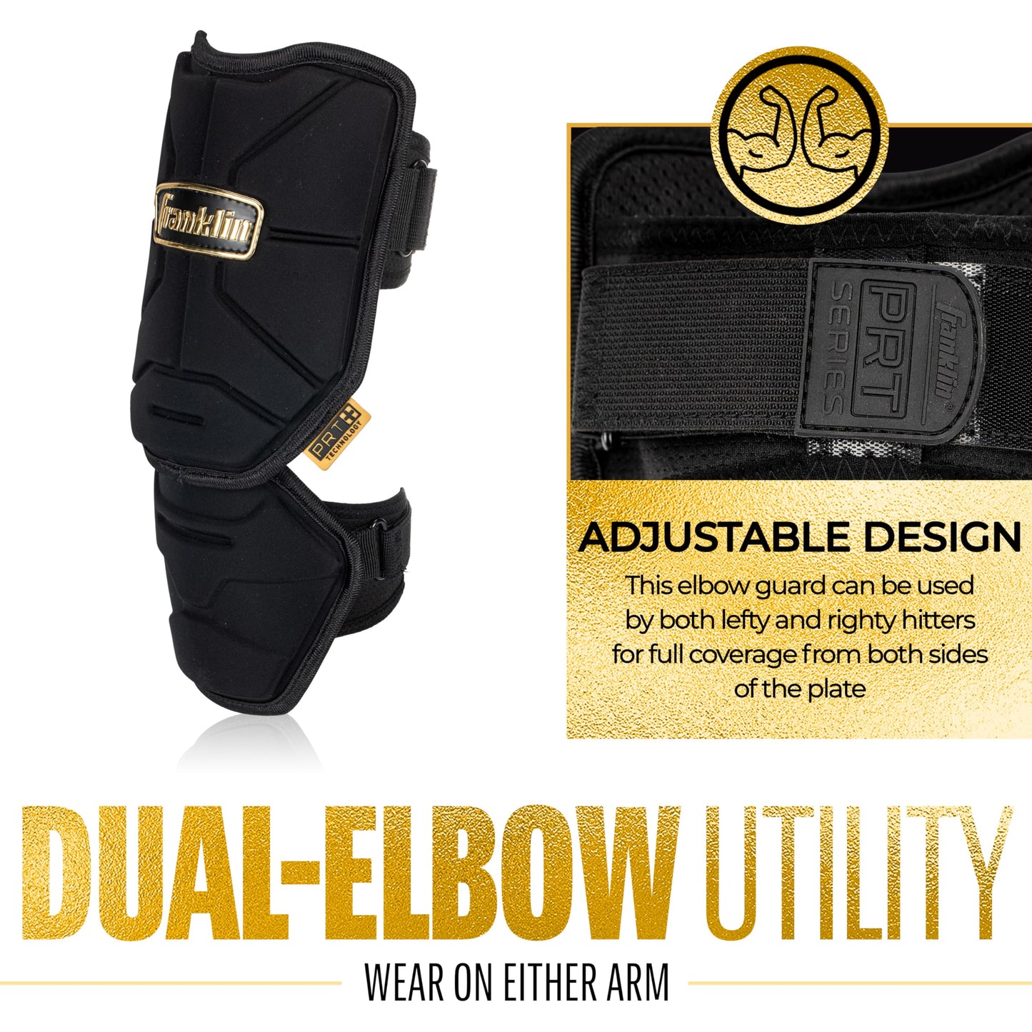 Franklin Sports Baseball Elbow Guard - PRT Series Youth Baseball + Softball Shield for Batting - Protective Elbow + Forearm Pad - Right + Left Hand Hitters - Black/Gold - One Size - Youth